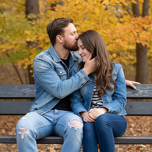 Photograph of a bearded man and long-haired woman kissing on a wooden bench, both wearing denim jackets and jeans, set against a vibrant autumn forest