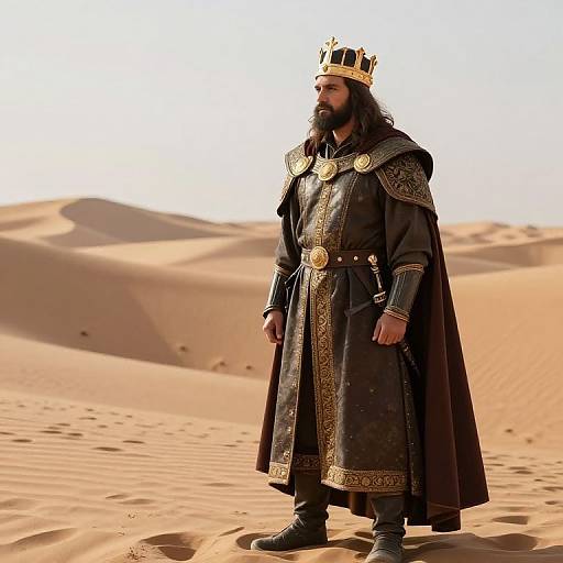 Photograph of a bearded man in a black ornate robe and gold crown, standing in a sunlit desert with sand dunes. Majestic