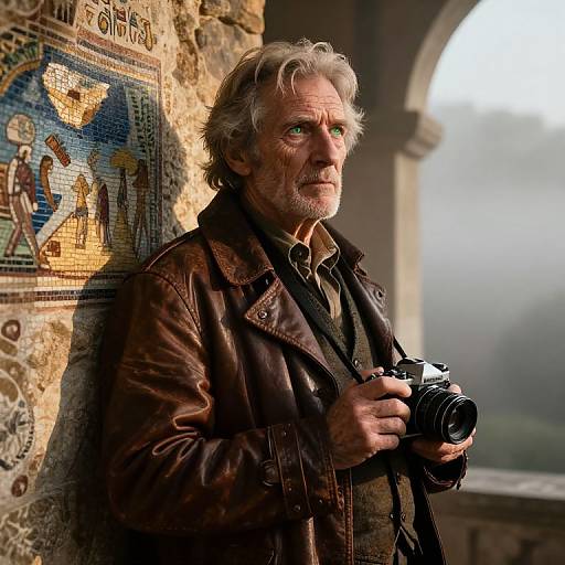 Photograph of an older man with gray hair and beard, wearing a leather jacket, holding a camera, standing against a mosaic-adorned stone wall