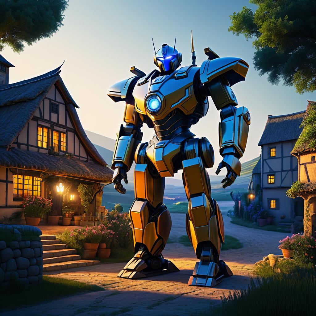 Cinematic Giant Robot Guardian in Village