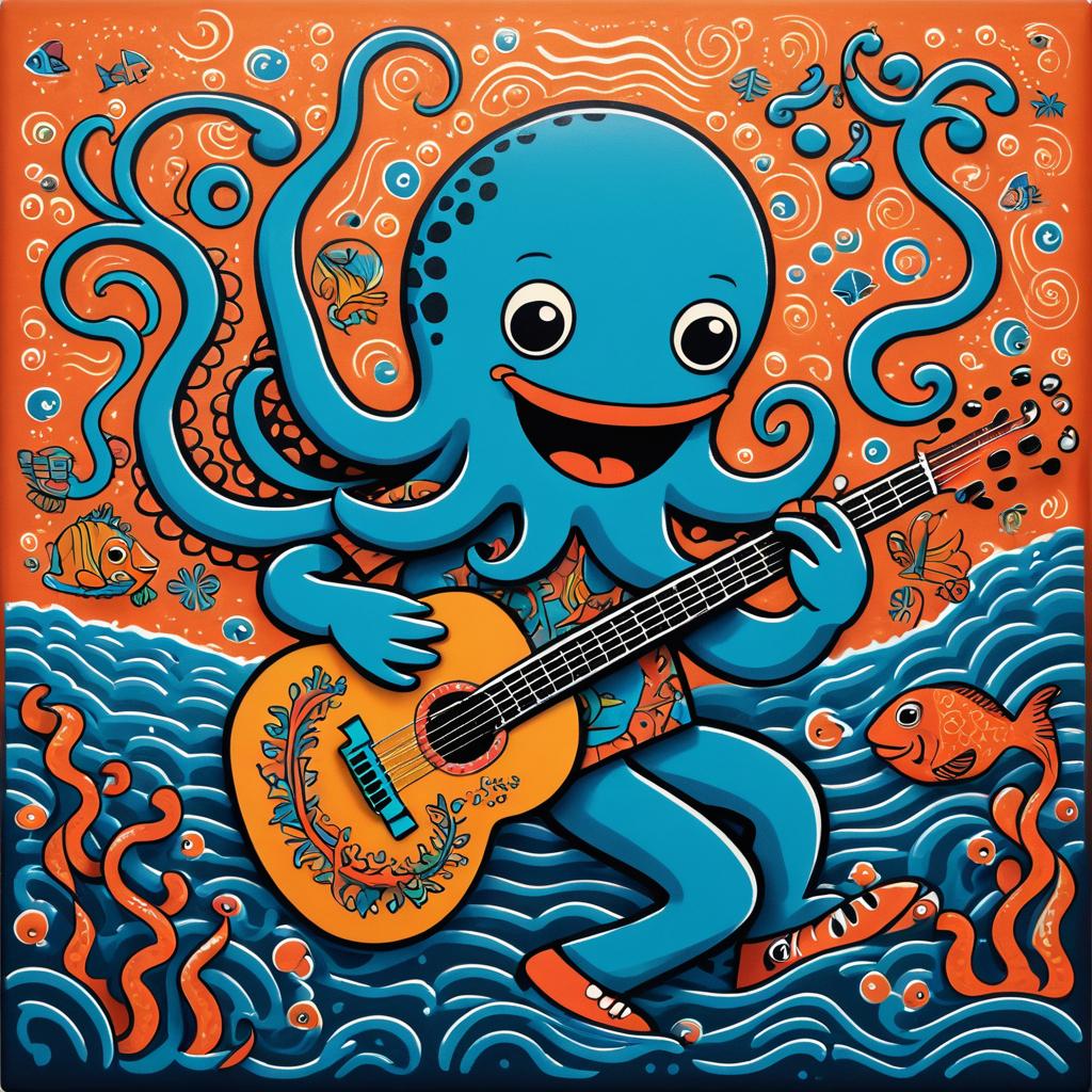 Joyful Octopus Guitarist in Underwater Scene