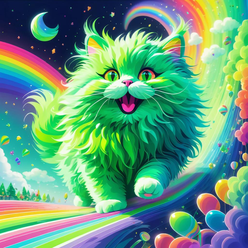 Whimsical Fluffy Cat Sliding Down Rainbows