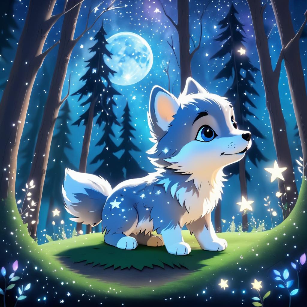 Whimsical Baby Wolf Pup in Dreamy Forest