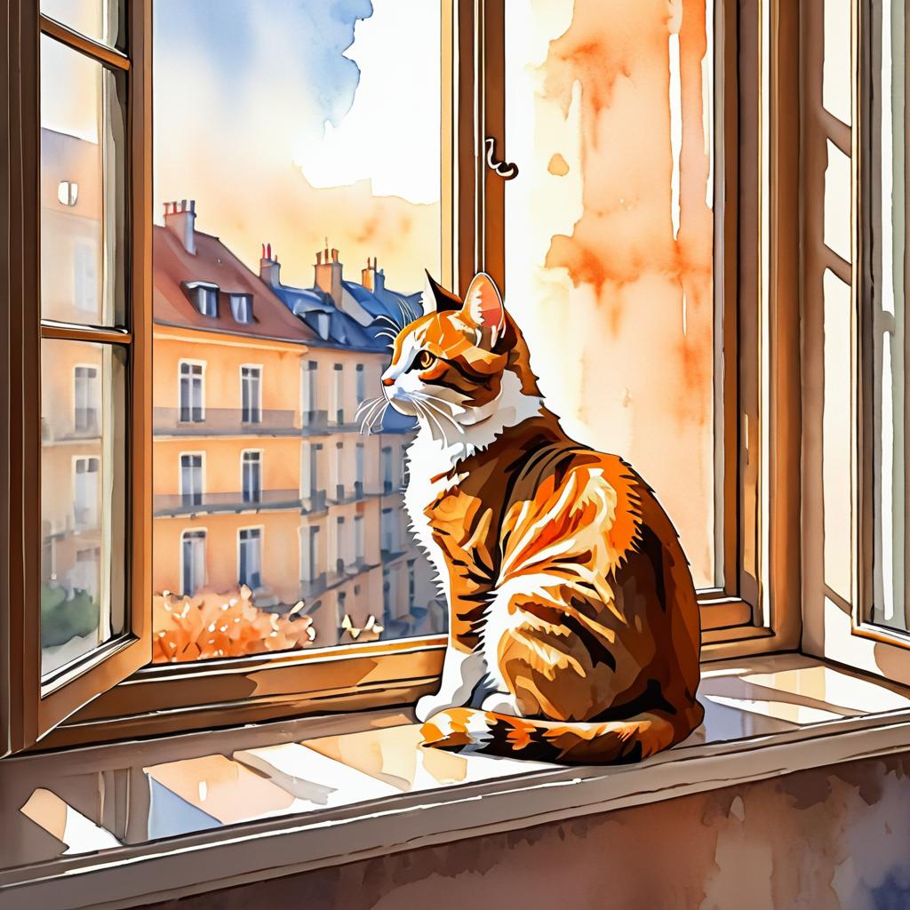 Charming Watercolor Cat on Windowsill