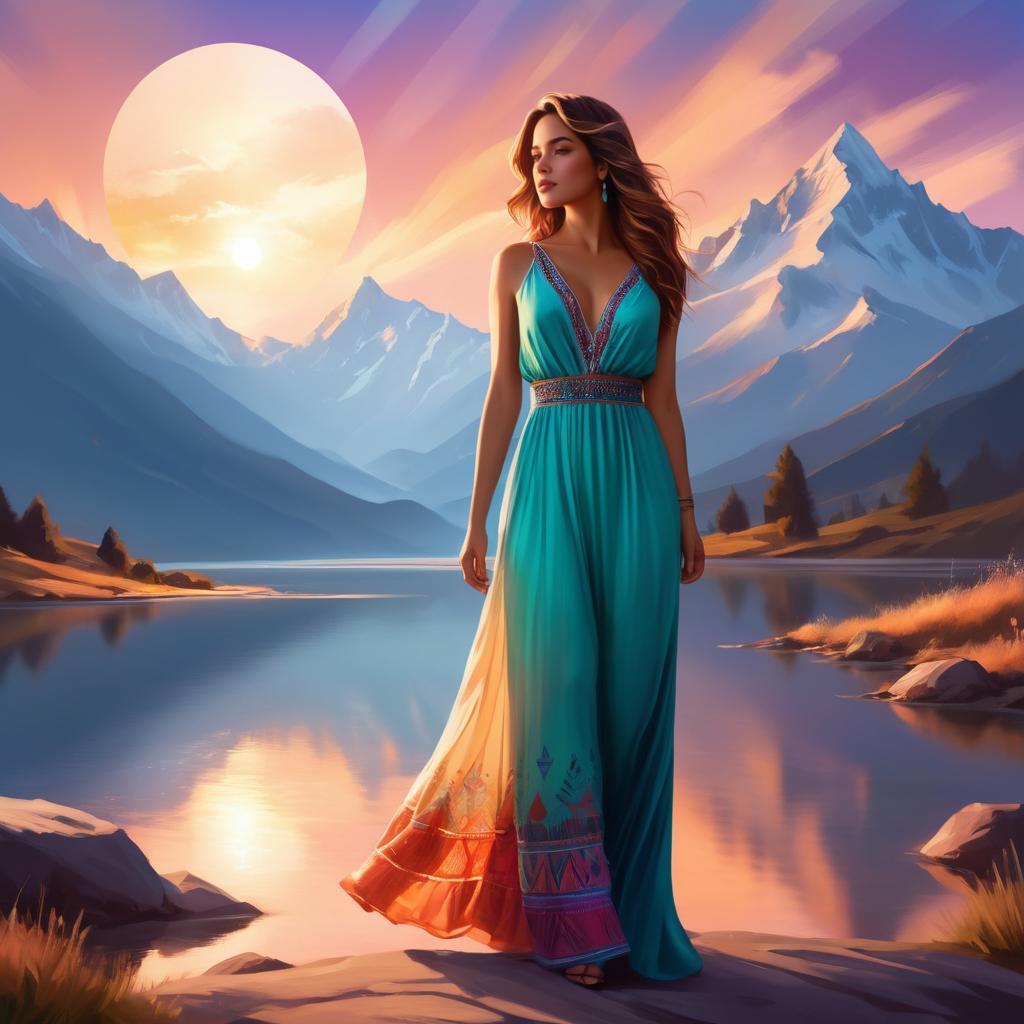 Glamorous Girl in Dreamy Mountain Landscape