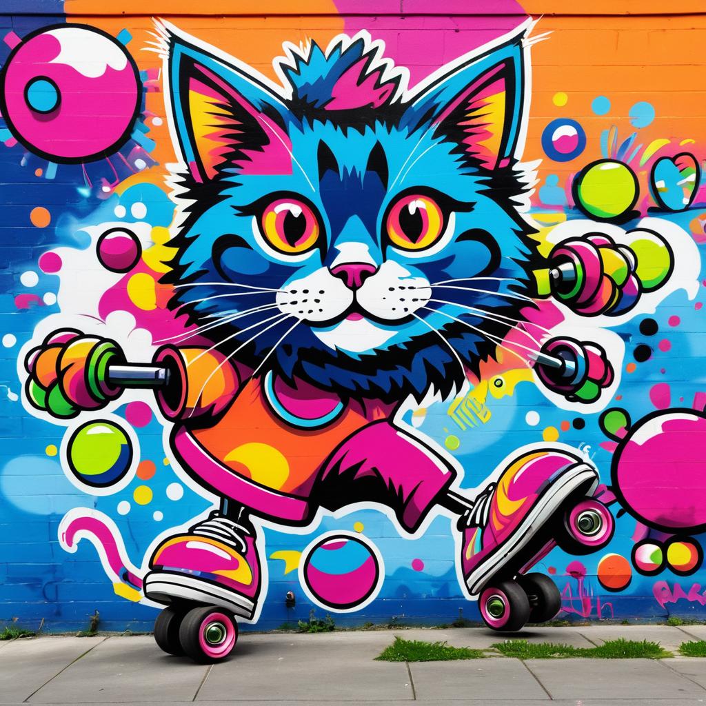 Vibrant Graffiti of Roller-Skating Cat