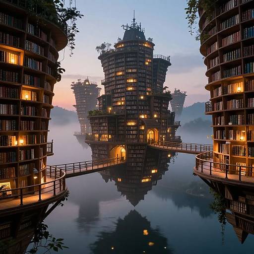 Fantasy CGI image of a floating, illuminated, multi-tiered castle between two tall, lit, cylindrical buildings, reflecting in a calm waterway at