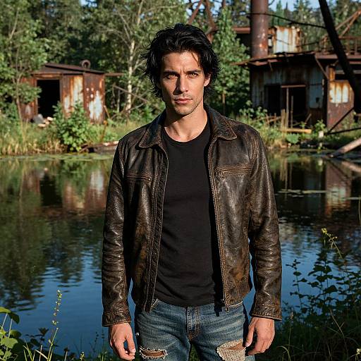 Photograph of a handsome man with dark hair, wearing a black leather jacket and jeans, standing by a reflective, wooded pond with abandoned, rusted