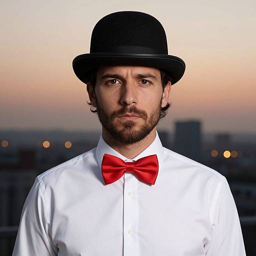 Photograph of a bearded man with dark hair, wearing a black bowler hat and white shirt with a red bow tie, against a sunset city