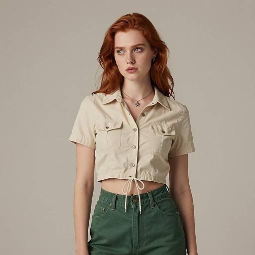 Young Woman in Beige Cropped Shirt and Green Pants