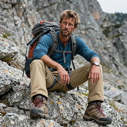 Photograph of a rugged, bearded man with messy brown hair, wearing a blue shirt, beige pants, brown hiking boots, and a large backpack