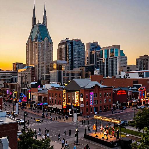 Photograph of a vibrant cityscape at sunset, featuring a mix of modern skyscrapers and historic red-brick buildings, bustling with pedestrians and neon