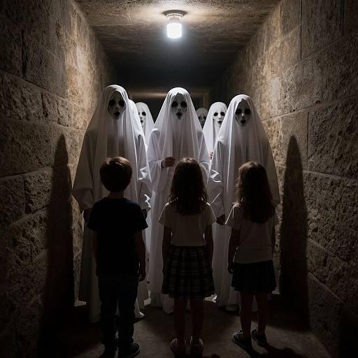 Children Facing Ghostly Veiled Procession