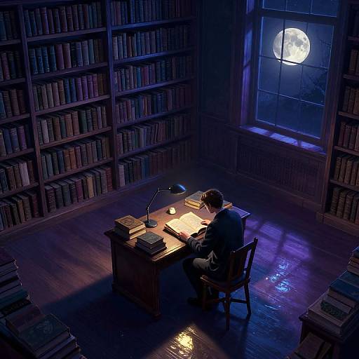 Aerial view of a dimly lit, moonlit library; a lone writer in a chair, illuminated desk, and stacks of books.