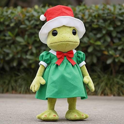 Photograph of a green, anthropomorphic frog mascot wearing a red Santa hat, green puffy-sleeve dress with white trim, and red bow