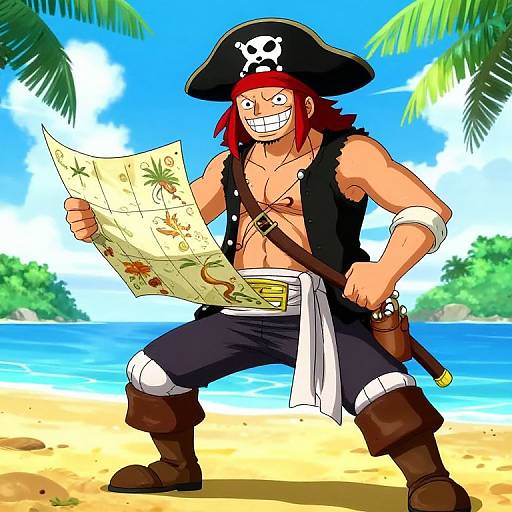 Digital anime-style drawing of a grinning pirate with red hair, black tricorn hat, chest exposed, holding a map on a sunny beach.
