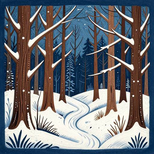 Winter Forest in Folk Art Style