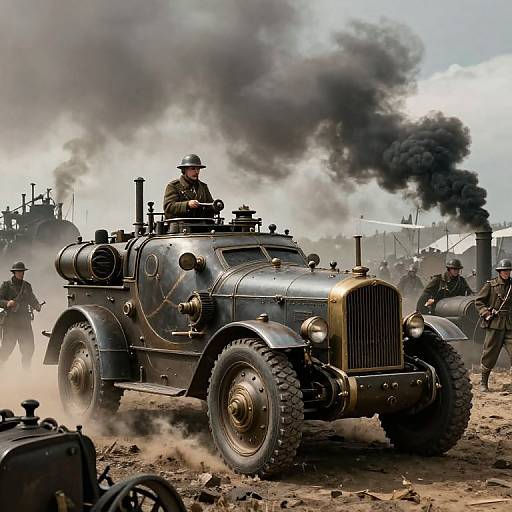 Photograph-style digital art of a black vintage armored car with large tires, emitting smoke, driven by a soldier in a hat, amidst a war-t