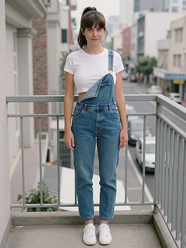 Photograph of a young woman with fair skin, dark brown hair in a ponytail, wearing a white crop top and blue denim overalls with white