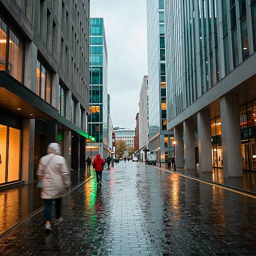 Photograph of a rainy urban street with wet cobblestones, blurred pedestrians in winter clothing, modern buildings with lit storefronts, and reflections on the