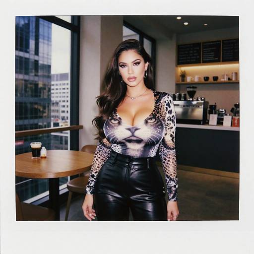 Photograph of a curvy woman with long dark hair, large breasts, wearing a leopard-print top and black leather pants, standing in a modern café