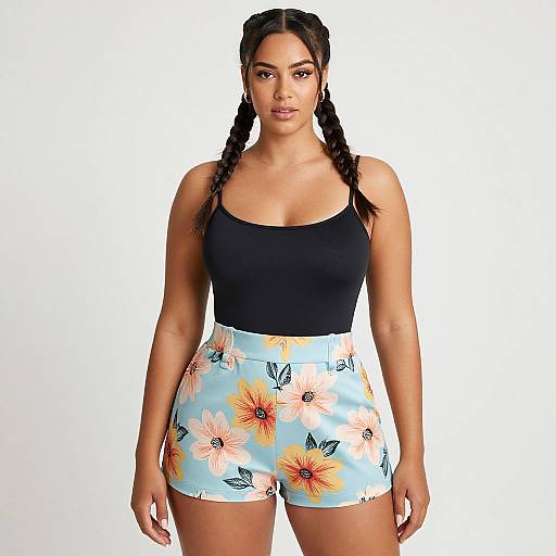 Photograph of a young woman with braided hair, wearing a black tank top and light blue floral shorts, standing against a white background.