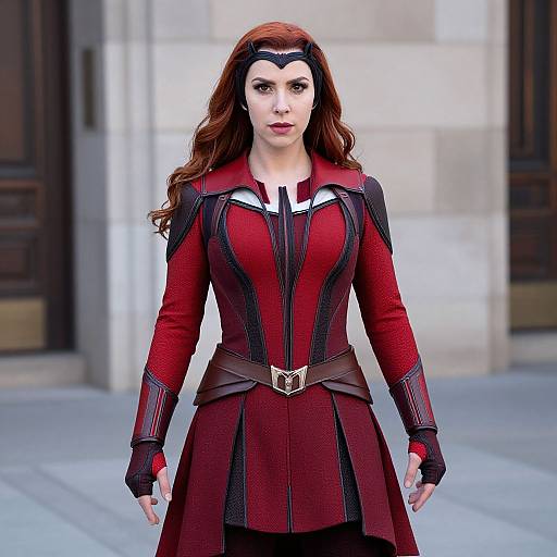 Photograph of a red-haired woman in a red and black superhero costume with a headband, standing in front of a stone building.