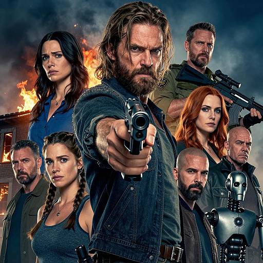 Intense Movie Poster with Armed Characters and Burning Building