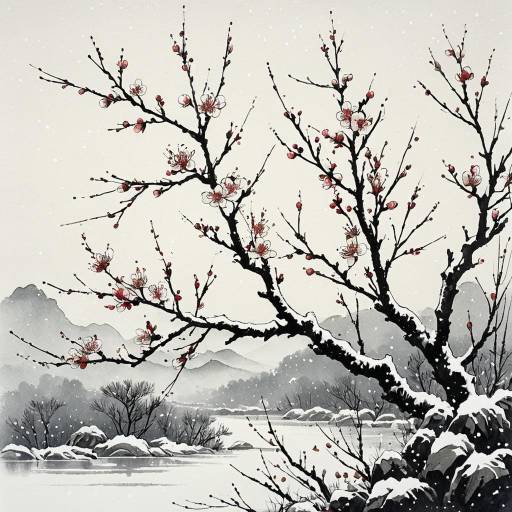 Chinese Brush Painting of Snow-Covered Plum Blossoms