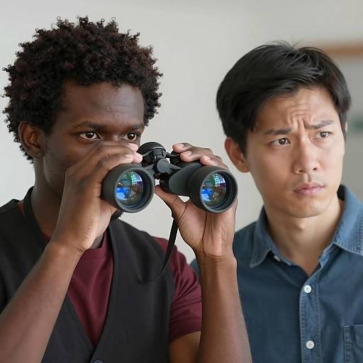 Two Men Observing with Binoculars Indoors