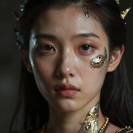 Close-up photograph of an East Asian woman with glowing, dewy skin, wearing gold leaf patterns on her face and neck, and a gold headpiece