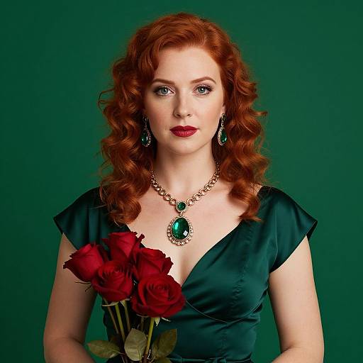Photograph of a fair-skinned woman with curly red hair, wearing a black dress, green gemstone necklace, holding red roses, against a dark