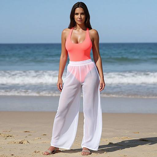 Photograph of a tan-skinned woman with long black hair, wearing a neon orange tank top and white loose pants, standing on a sunny beach with