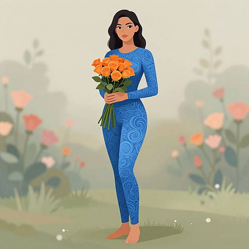 Digital illustration of a dark-haired woman in a blue patterned jumpsuit, barefoot, holding a bouquet of orange flowers, standing in a blurred garden