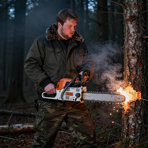 Mysterious Man with Chainsaw in Forest