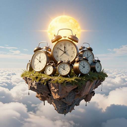Photograph of a floating rocky island with grass, surrounded by numerous vintage alarm clocks, under a bright sun in a clear blue sky. Clocks are