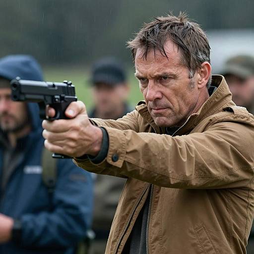 Intense Man Aiming Under Rainy Lights