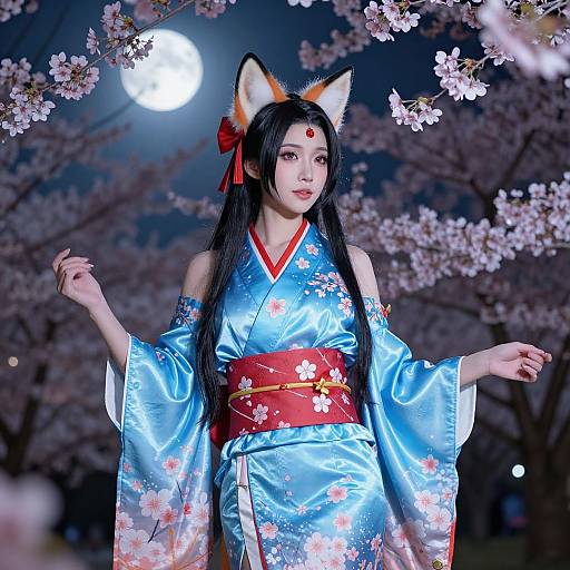 Photograph of an Asian woman in a blue kimono with floral patterns, fox ears headband, red obi, and moonlit cherry blossom background