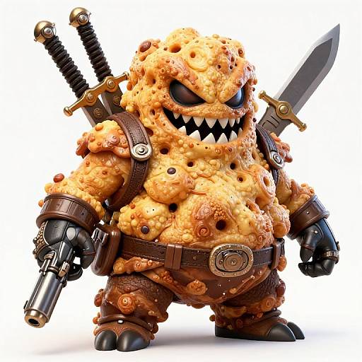 CGI image of a menacing, orange, rocky creature with sharp teeth, wielding a sword and gun, dressed in brown, rugged armor.