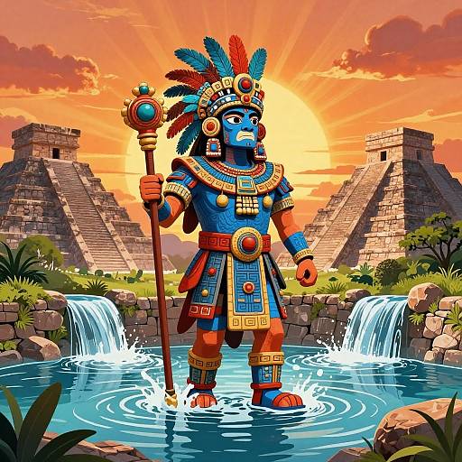 Aztec Water Deity in Ancient Landscape