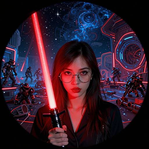 Photograph of an Asian woman with long black hair, glasses, and red lightsaber, surrounded by neon-lit Star Wars battle scene.