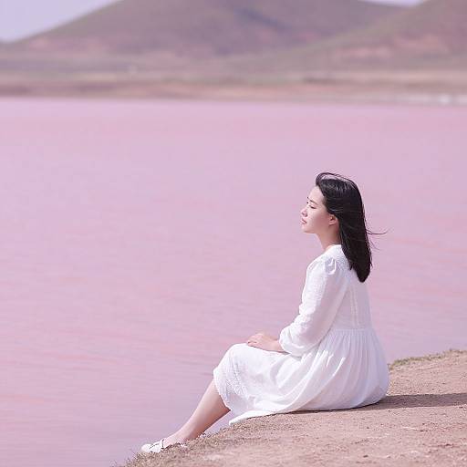 Photograph of an Asian woman with black hair, wearing a white dress, sitting on a pink lake shore, eyes closed, serene.
