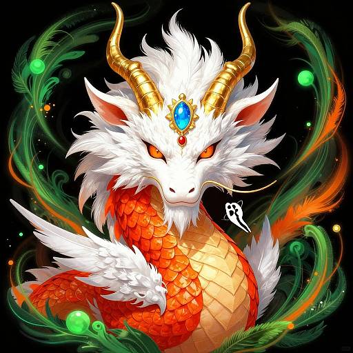 Digital illustration of a fierce, white dragon with golden horns, red scales, and a blue gem on its forehead, surrounded by swirling green and orange tendr