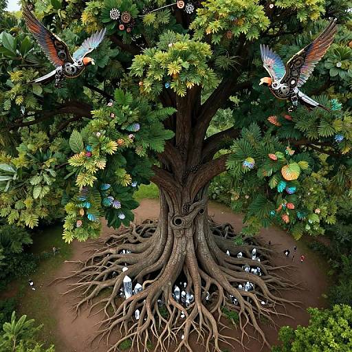 Digital artwork of a large, intricately rooted tree with vibrant green foliage, adorned with colorful ornaments. Two colorful birds with outstretched wings fly above