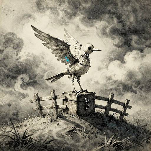 Digital illustration: mechanical bird with glowing blue wings perched on a wooden fence in a stormy, grayscale sky with swirling clouds.