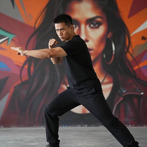 Dynamic Martial Arts Pose with Graffiti