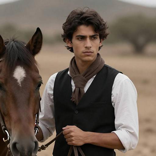 Young Man with Horse in Dry Landscape