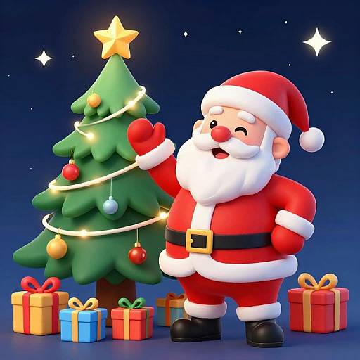 Cartoon Santa Claus with a big white beard and red suit, smiling, lighting a decorated Christmas tree with a yellow star, surrounded by colorful gifts against