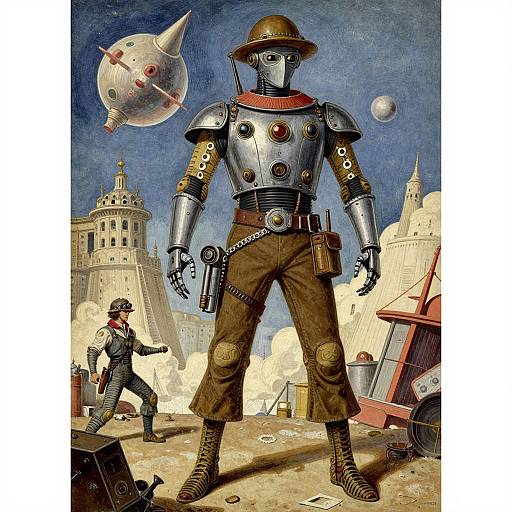 Digital art of a robotic soldier with metal armor, brown pants, and a helmet, standing in a war-torn cityscape with a flying bomb and