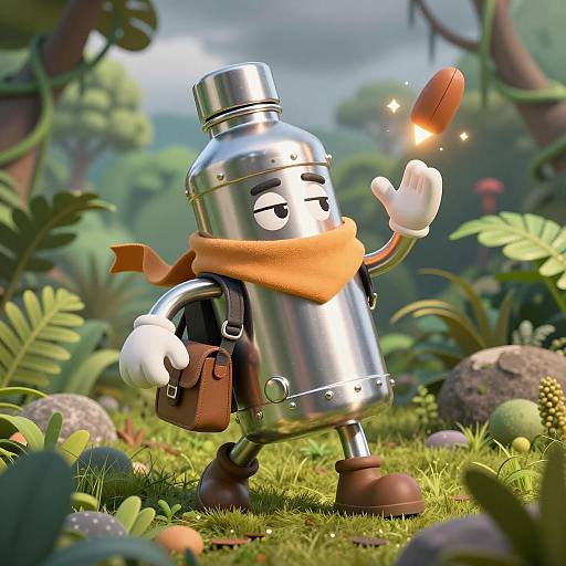 Anthropomorphic Chrome Water Bottle Hiker in Jungle